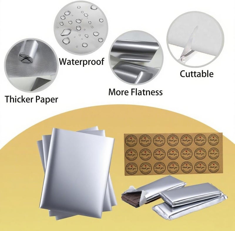 XPMBF Chocolate Bar Wrappers Silver Foil Sheets Candy Bar Wrappers, with Thick Paper Backing Foil Sheets for Food DIY Candies Wrapping Packing Gifts Coated waterproofs with 105Pcs Handmade Stickers - Image 4